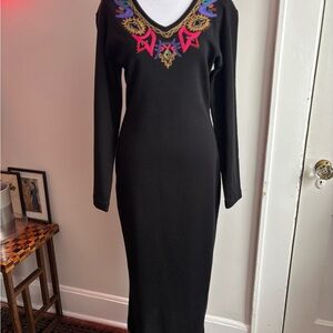 Carole Little VTG Black Dress with Colorful Embroidery